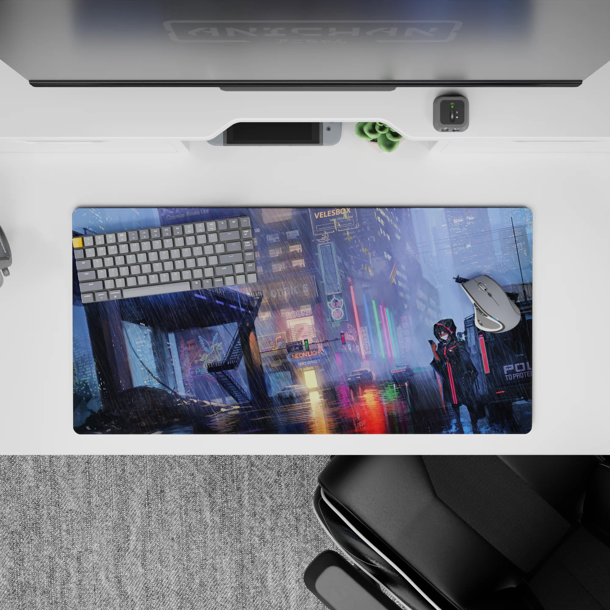 Icy blue and hot pink neon glow anime desk mat, moody rainy vibe, 32x16 inches.