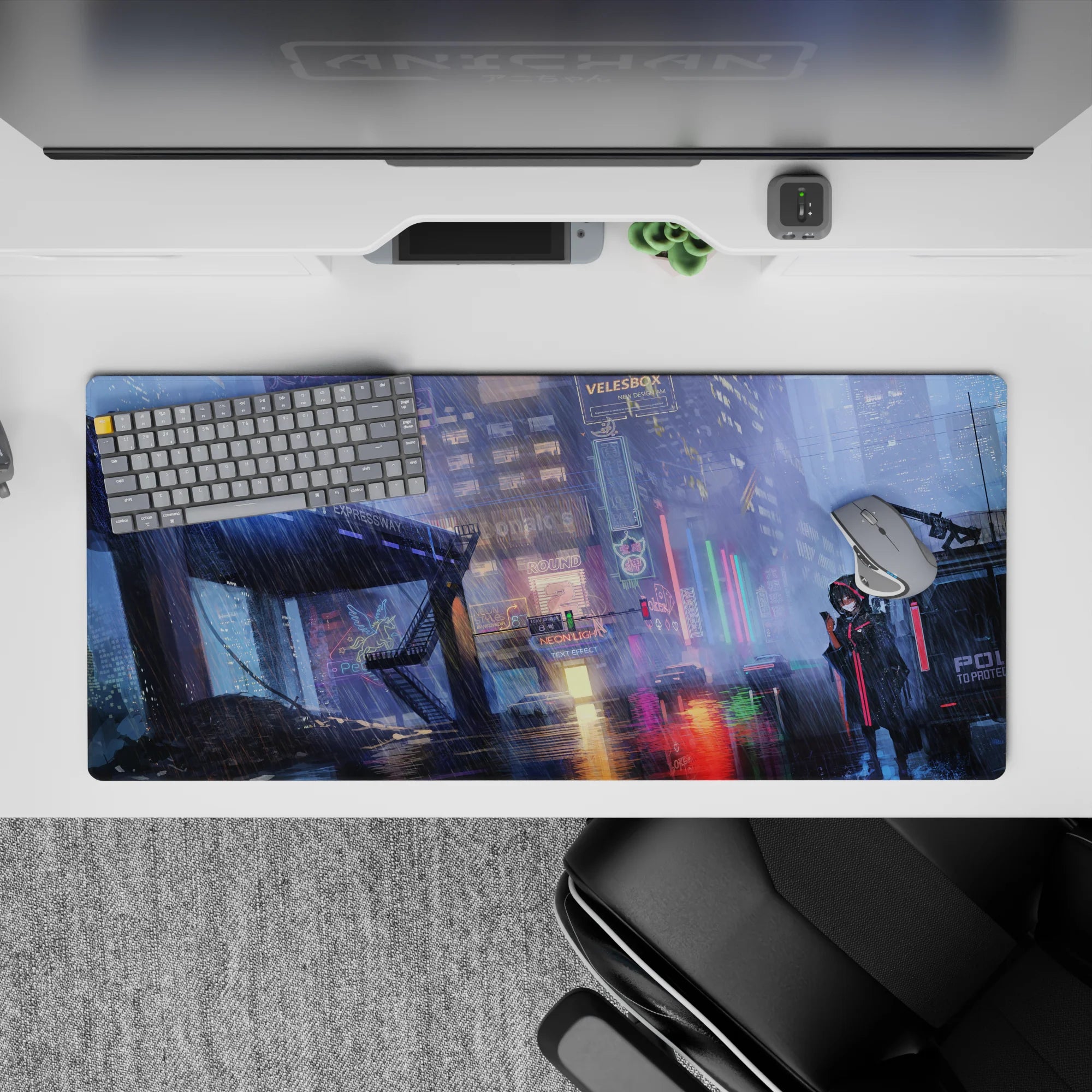 36x16 inches anime desk pad in icy blues and hot pink neon, rainy night mood with shimmering glow.