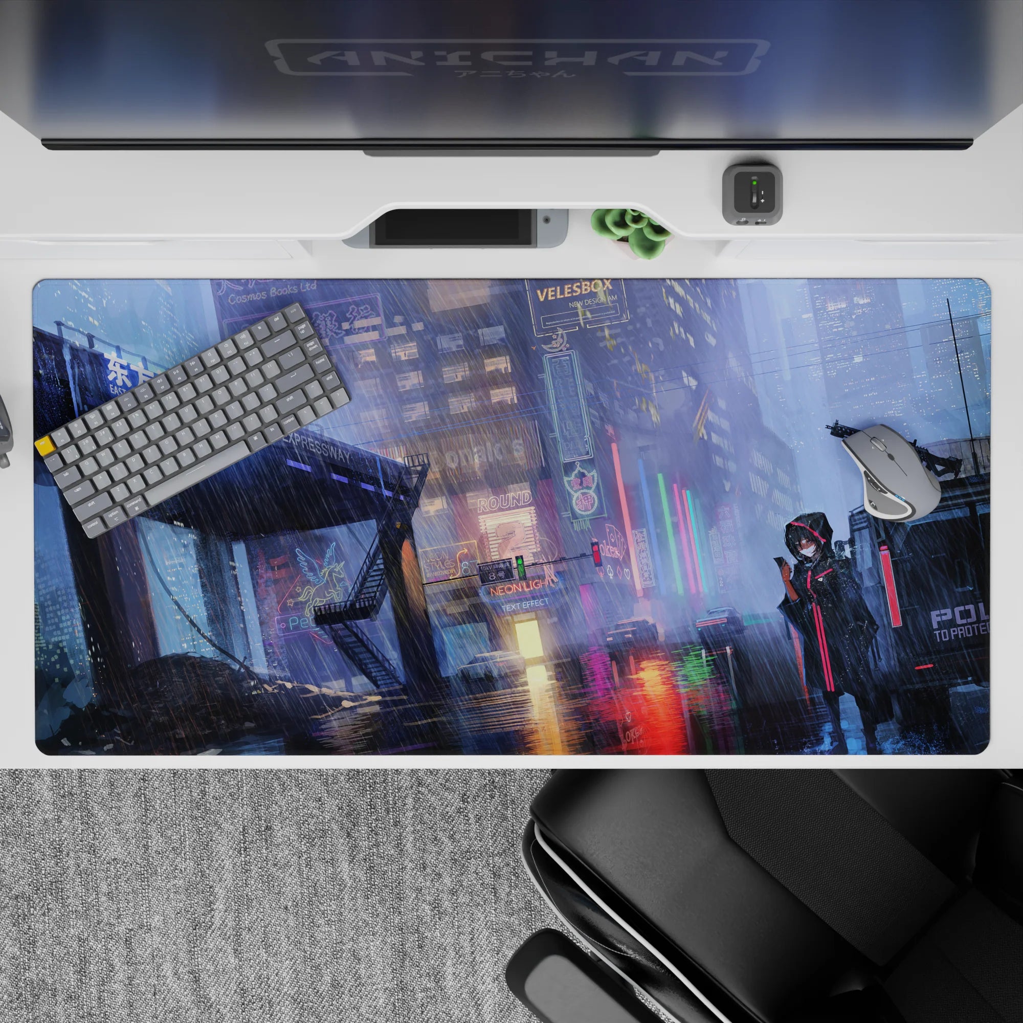 40x20 inches anime desk pad in icy blues and hot pink neon, moody rainy cyberpunk glow.