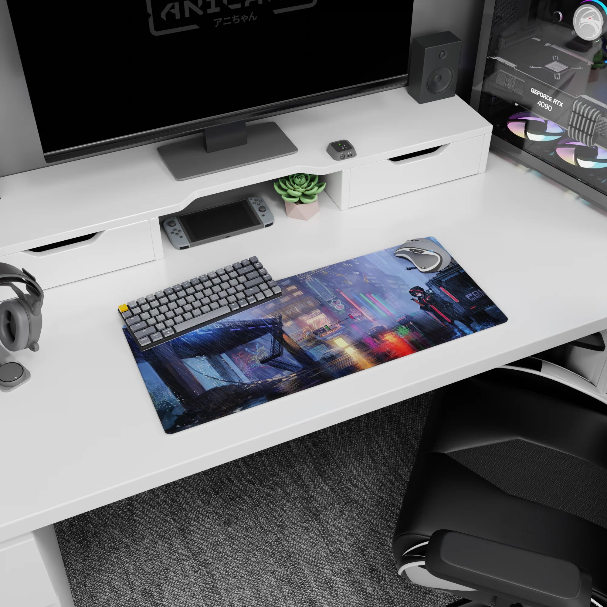 Hooded anime girl in black coat watching wet neon street reflections mouse pad, 28x12 inches.
