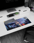 Hooded anime girl in black coat watching wet neon street reflections mouse pad, 28x12 inches.