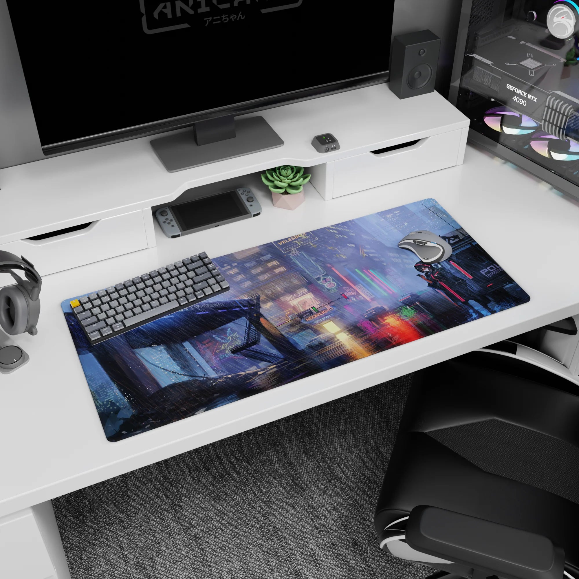 Hooded anime girl in black coat watching a neon-lit rainy street on a 36x16 inches desk pad.