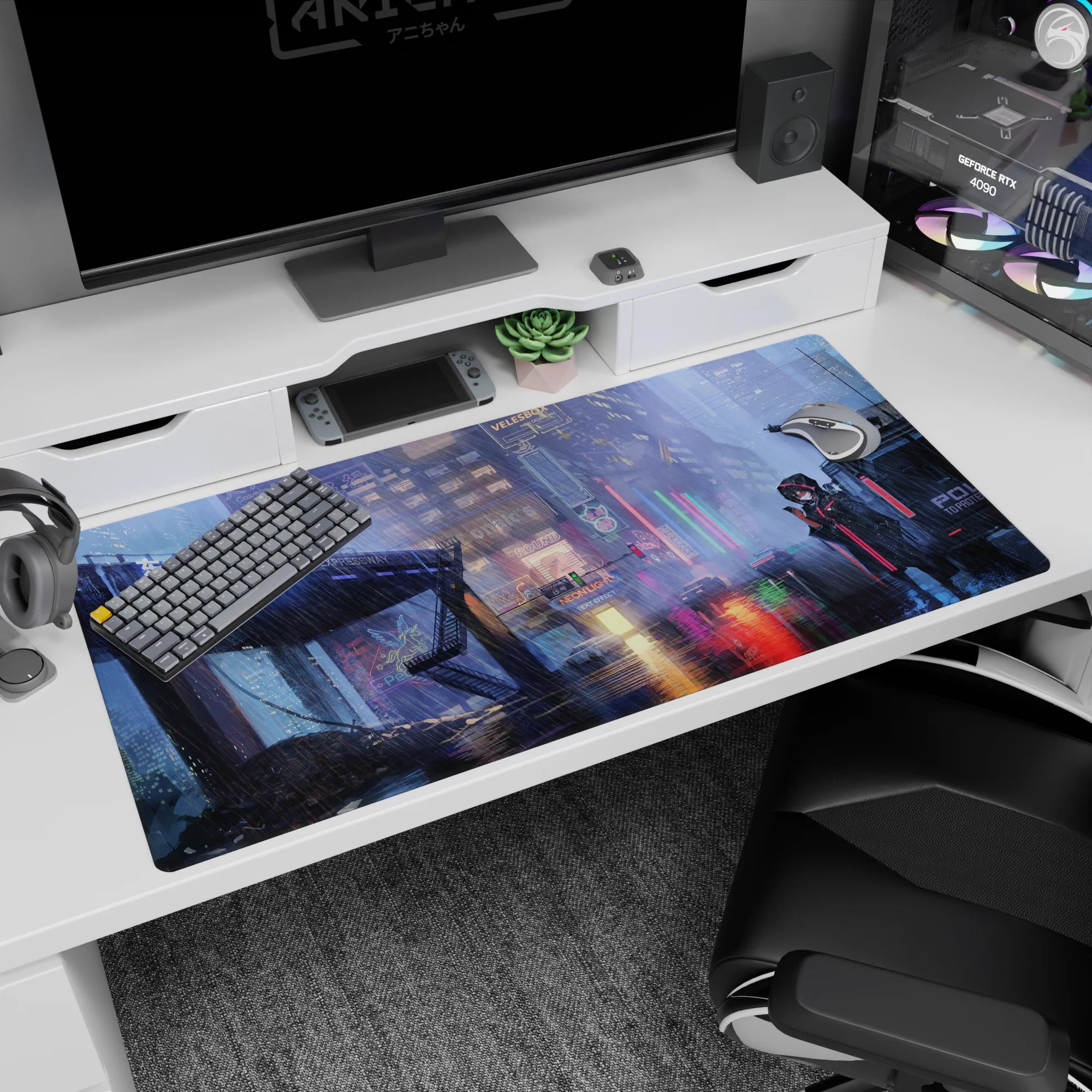 Hooded anime girl in black coat watching neon signs in rain, extended desk pad 40x20 inches.