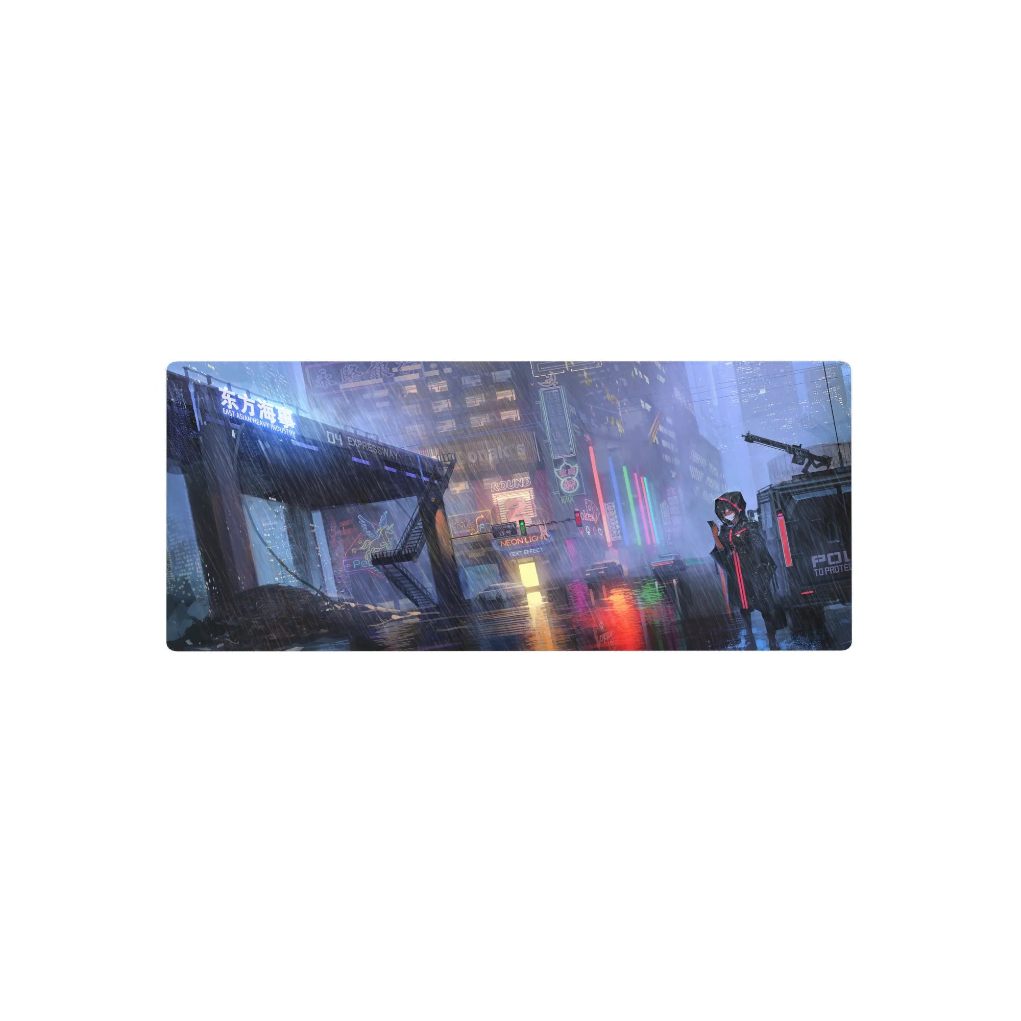 Cyberpunk rainy neon city anime girl mouse pad desk mat, 28x12 inches.