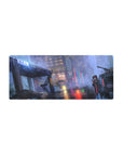 Cyberpunk rainy neon city anime girl mouse pad desk mat, 28x12 inches.