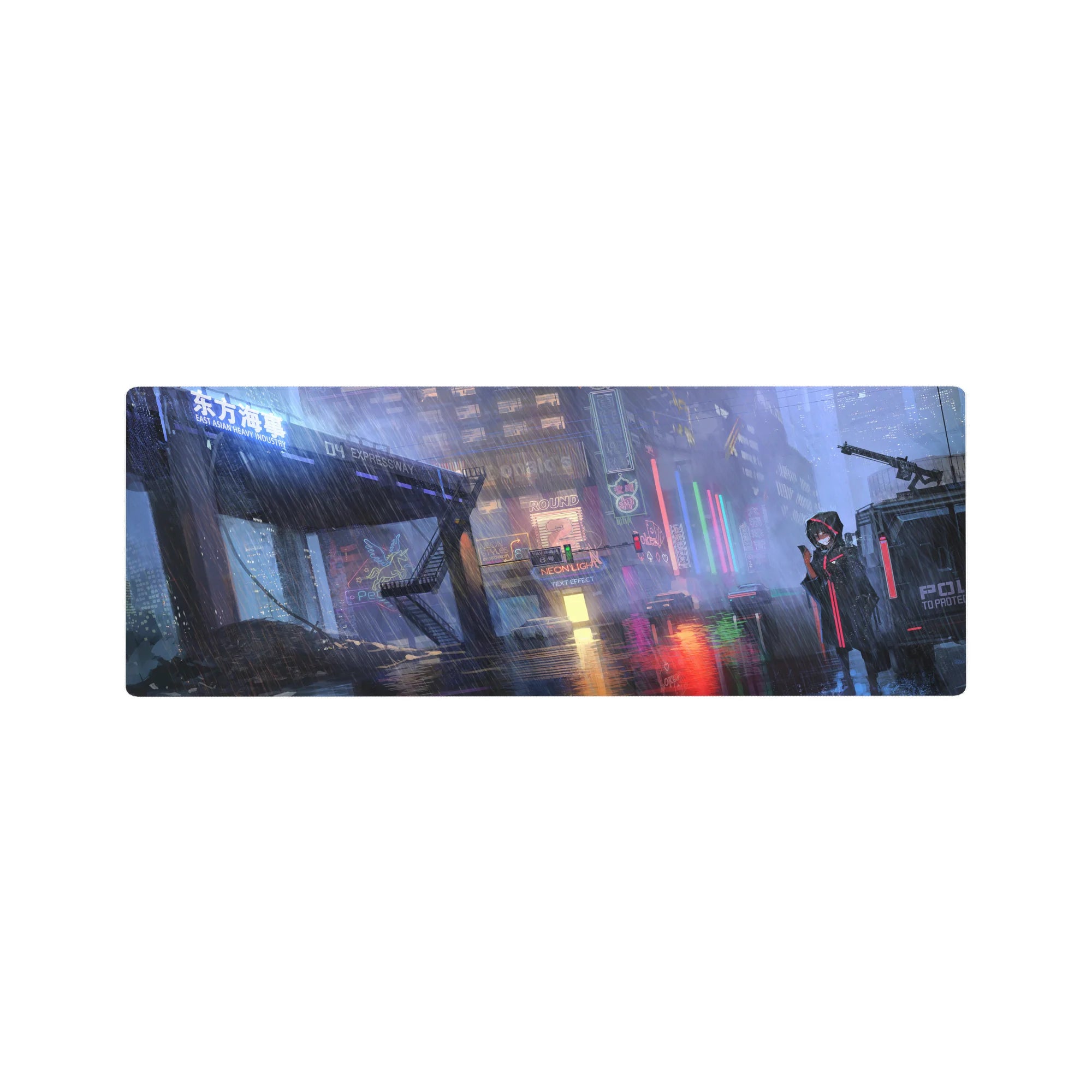 Cyberpunk anime girl mouse pad 32x12 inches with rainy neon city street and glossy reflections.