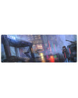 Cyberpunk anime girl mouse pad 32x12 inches with rainy neon city street and glossy reflections.