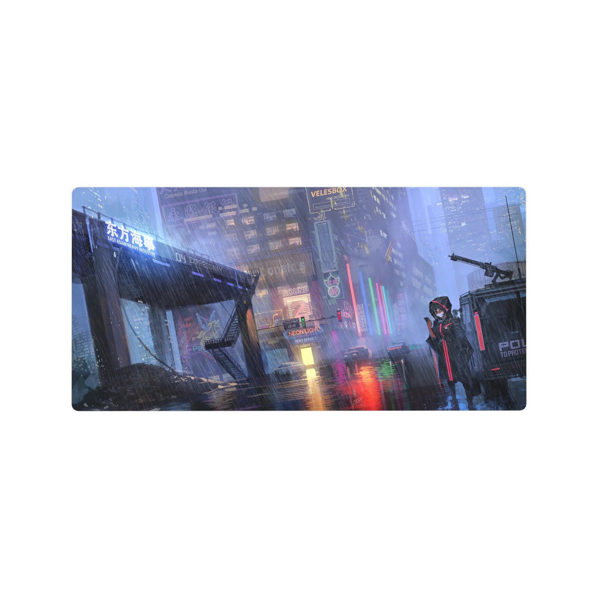 Cyberpunk neon city anime girl mouse pad, rainy street reflections, 32x16 inches.