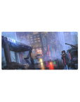 Cyberpunk neon city anime girl mouse pad, rainy street reflections, 32x16 inches.