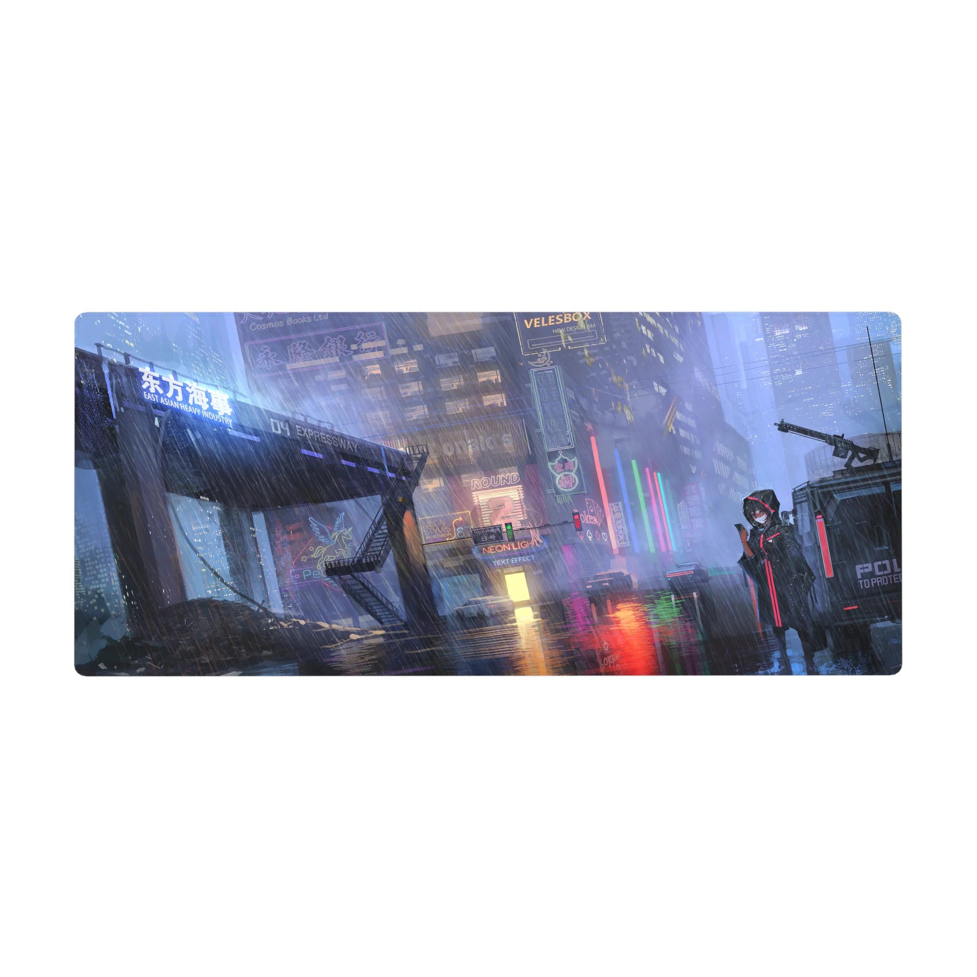 Cyberpunk anime girl desk pad 36x16 inches with neon city rain scene and glossy street reflections.