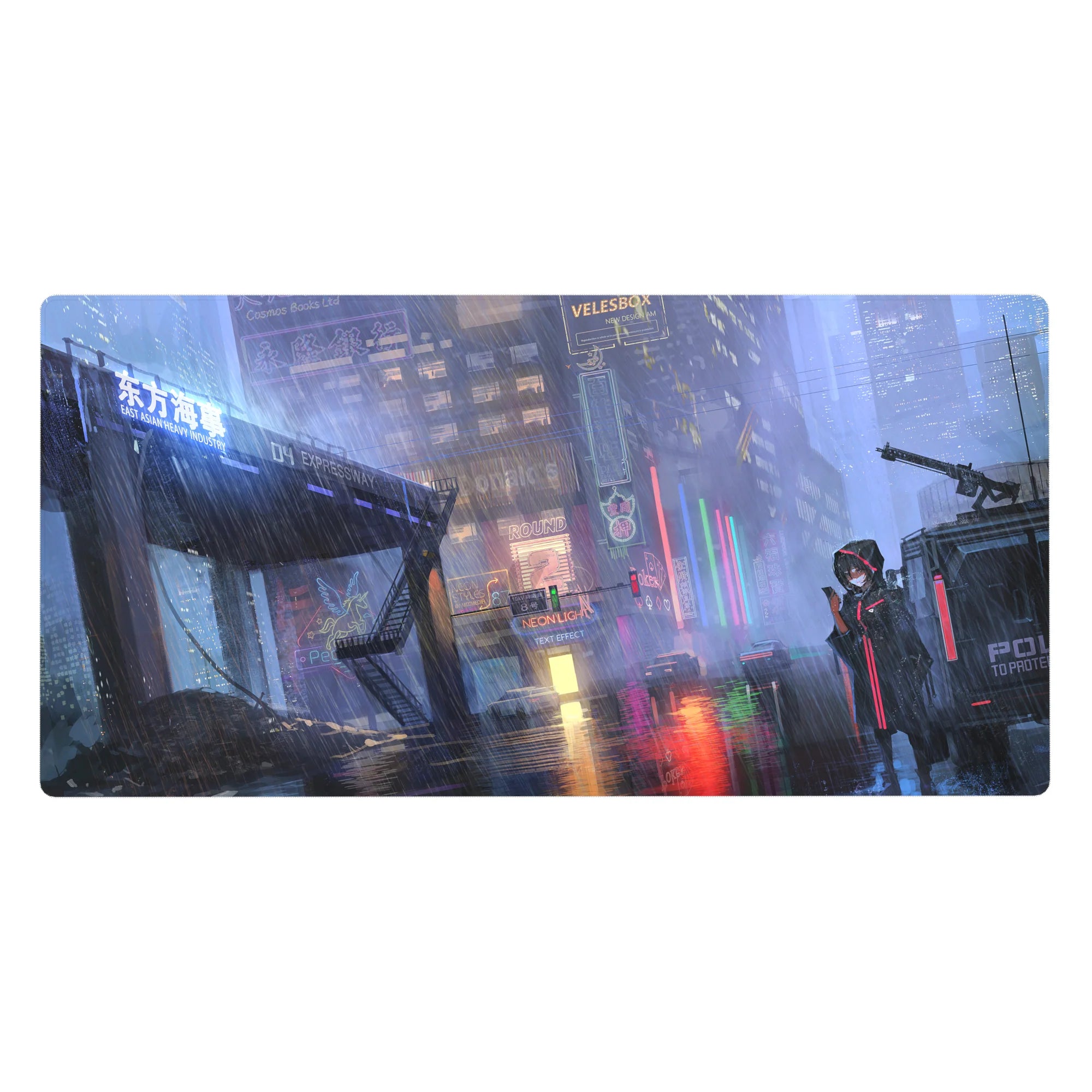 Cyberpunk anime girl desk pad 40x20 inches with neon rainy city street and glossy wet reflections.