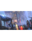 Cyberpunk anime girl desk pad 40x20 inches with neon rainy city street and glossy wet reflections.