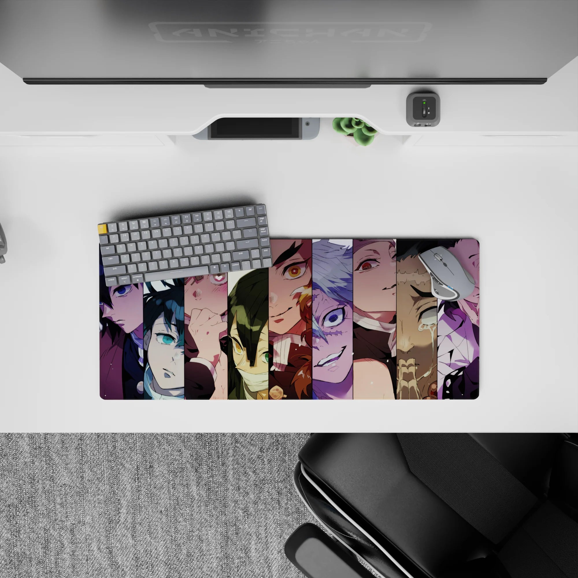 Anime mouse pad 28x12 inches featuring Hashira from Demon Slayer in a vibrant, emotional vertical collage.