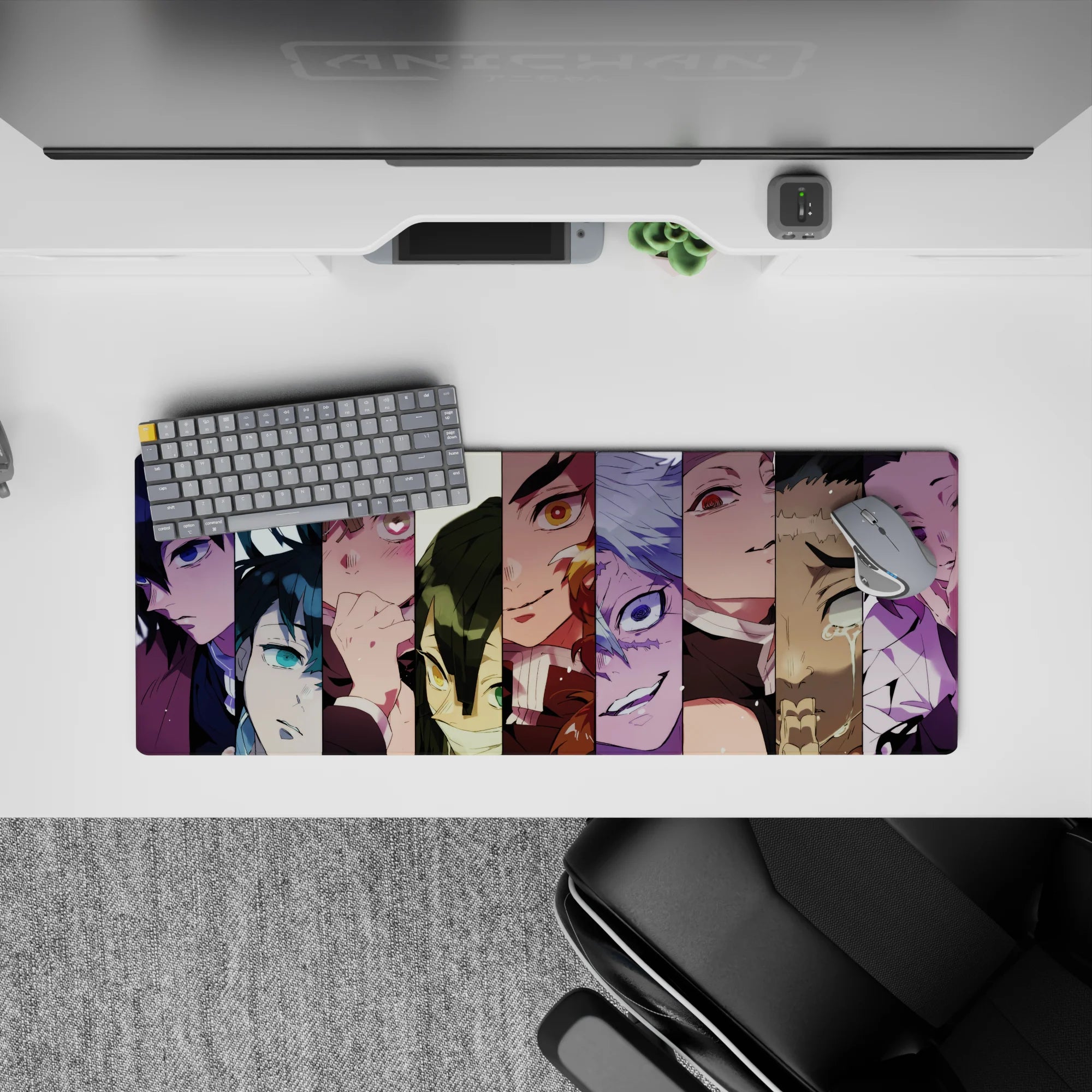 Anime mouse pad 32x12 inches featuring Hashira collage with vibrant colors: violet, teal, flame, ice.
