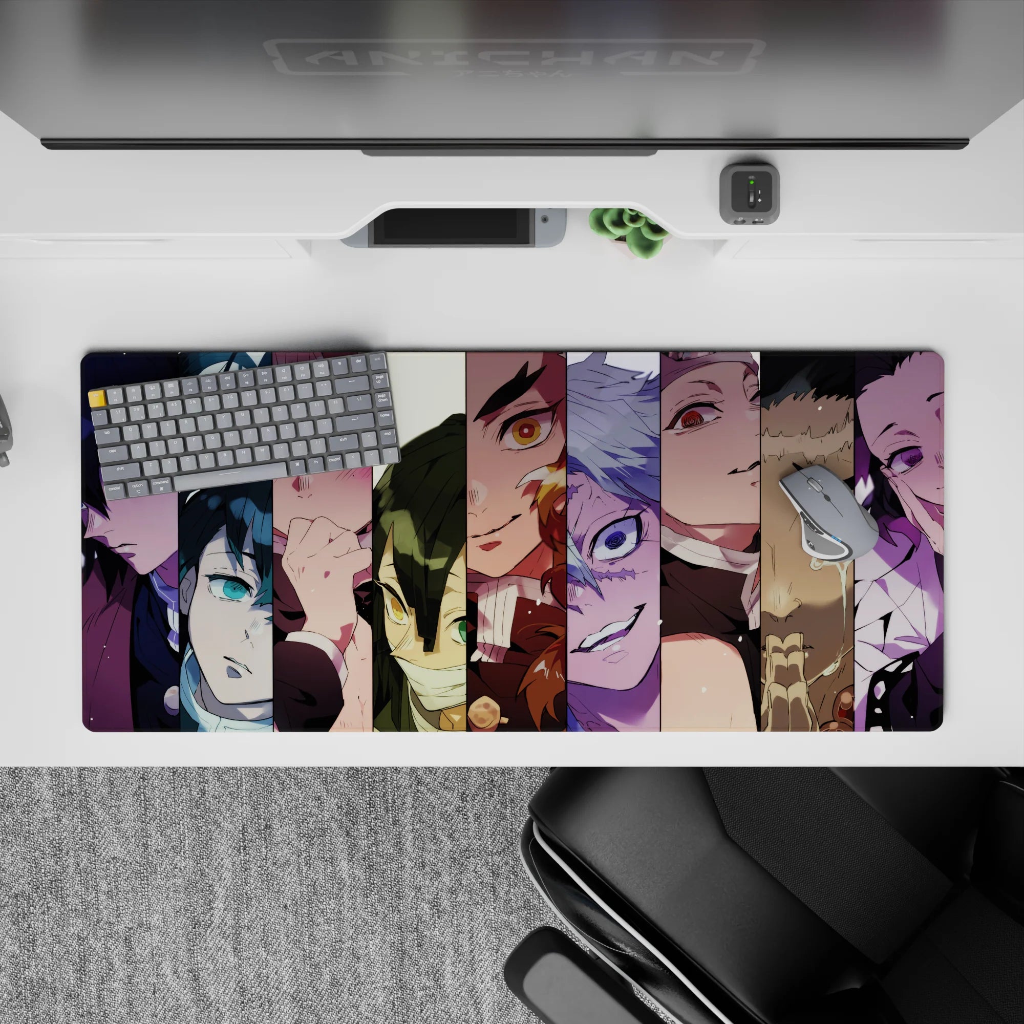 Anime mouse pad 36x16 inches featuring Hashira collage from Demon Slayer; vibrant colors and intense expressions.