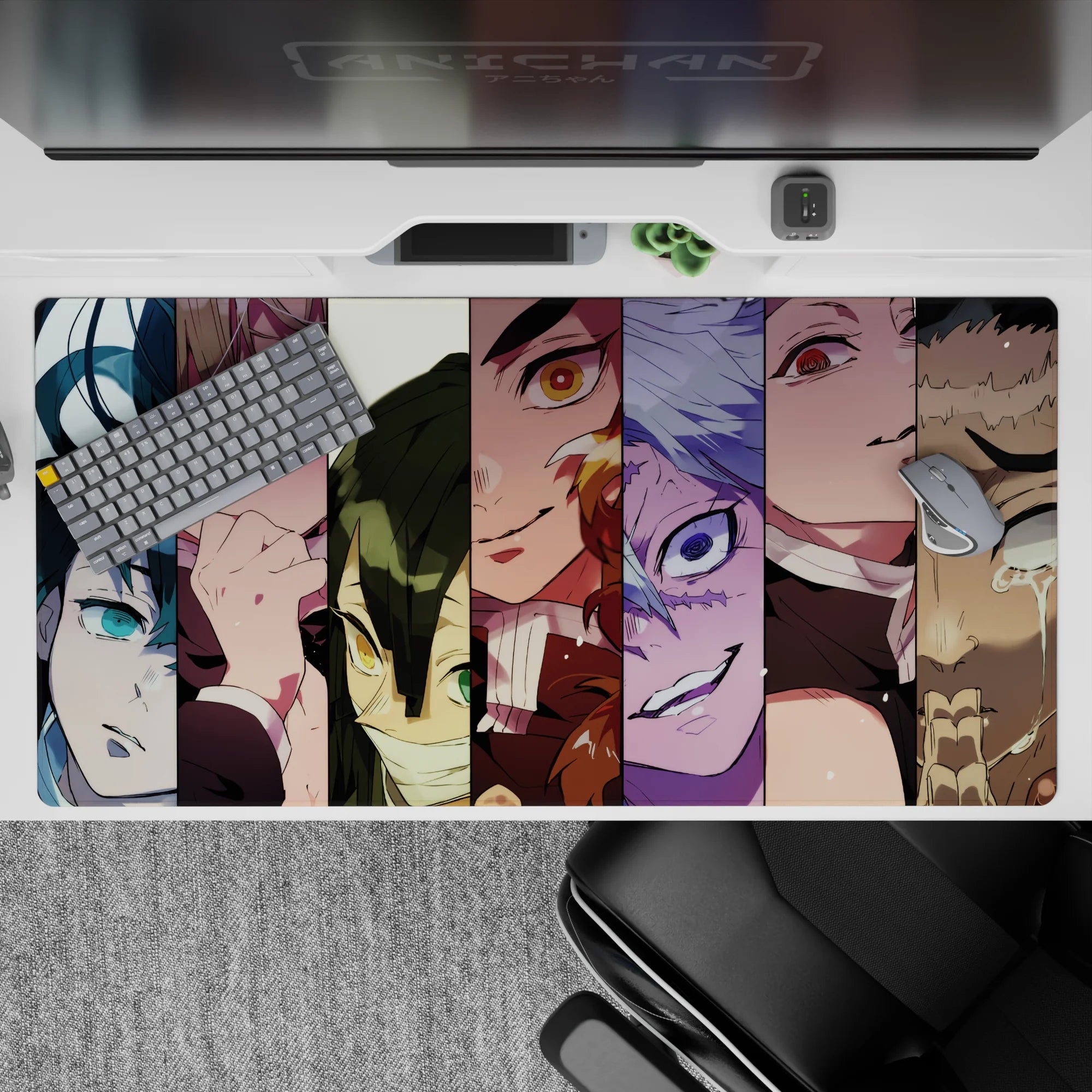 Anime mouse pad 40x20 inches featuring Hashira from Demon Slayer in a vibrant vertical collage with bold colors.