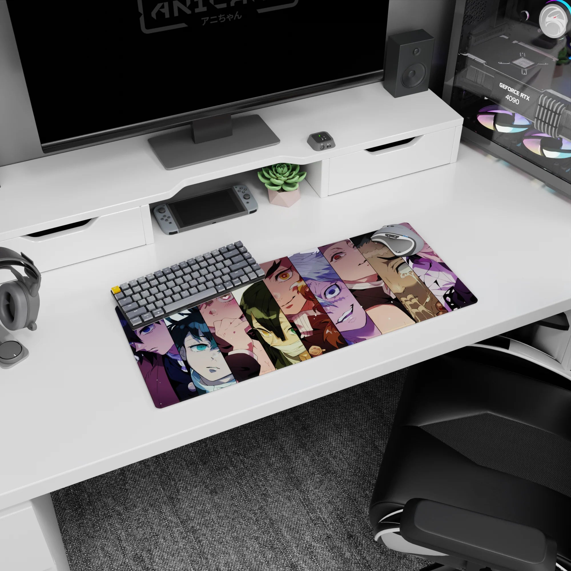 Anime mouse pad 28x12 inches featuring Hashira from Demon Slayer in a vibrant vertical collage with intense colors.