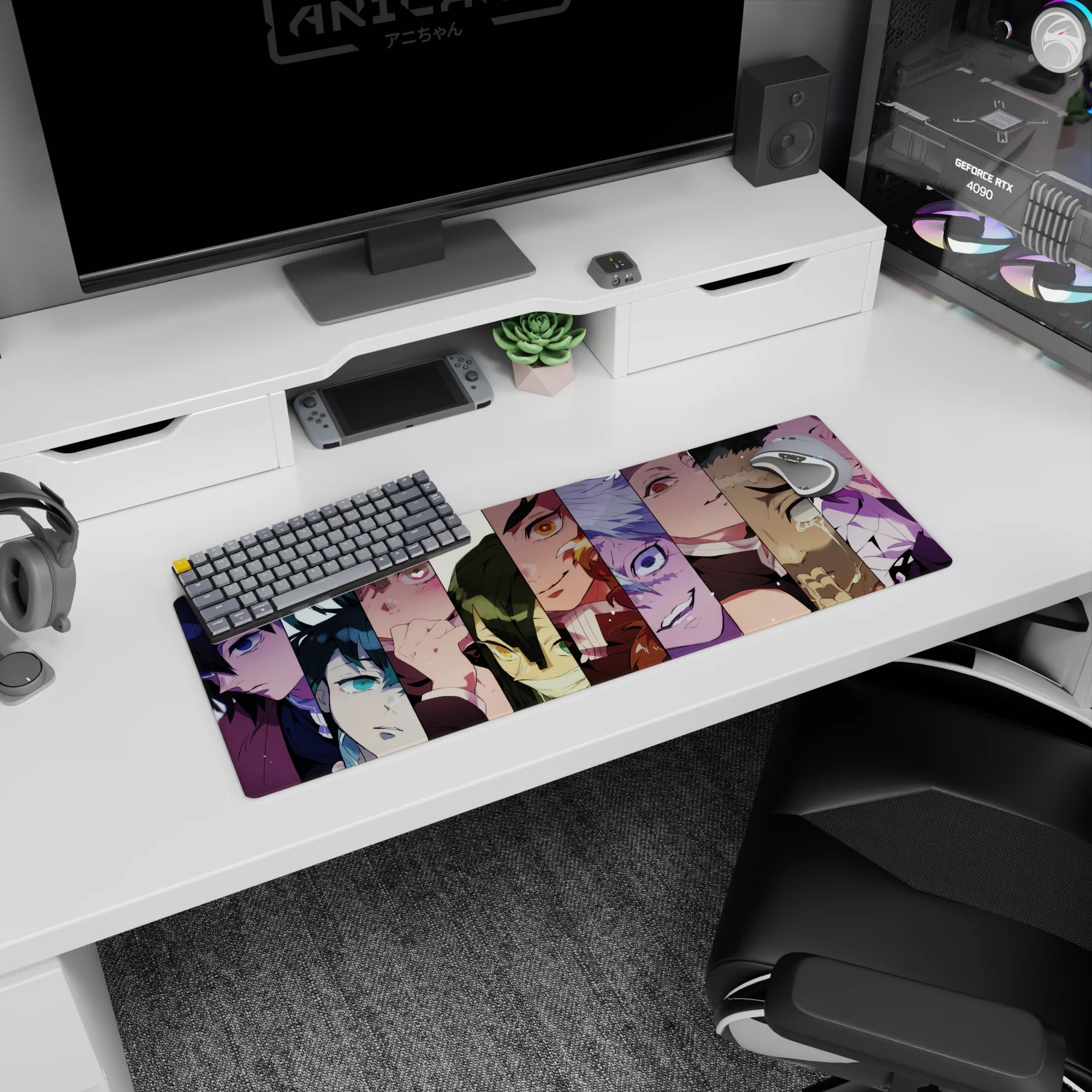 Anime mouse pad 32x12 inches featuring Hashira characters from Demon Slayer, showcasing vibrant colors and intense expressions.