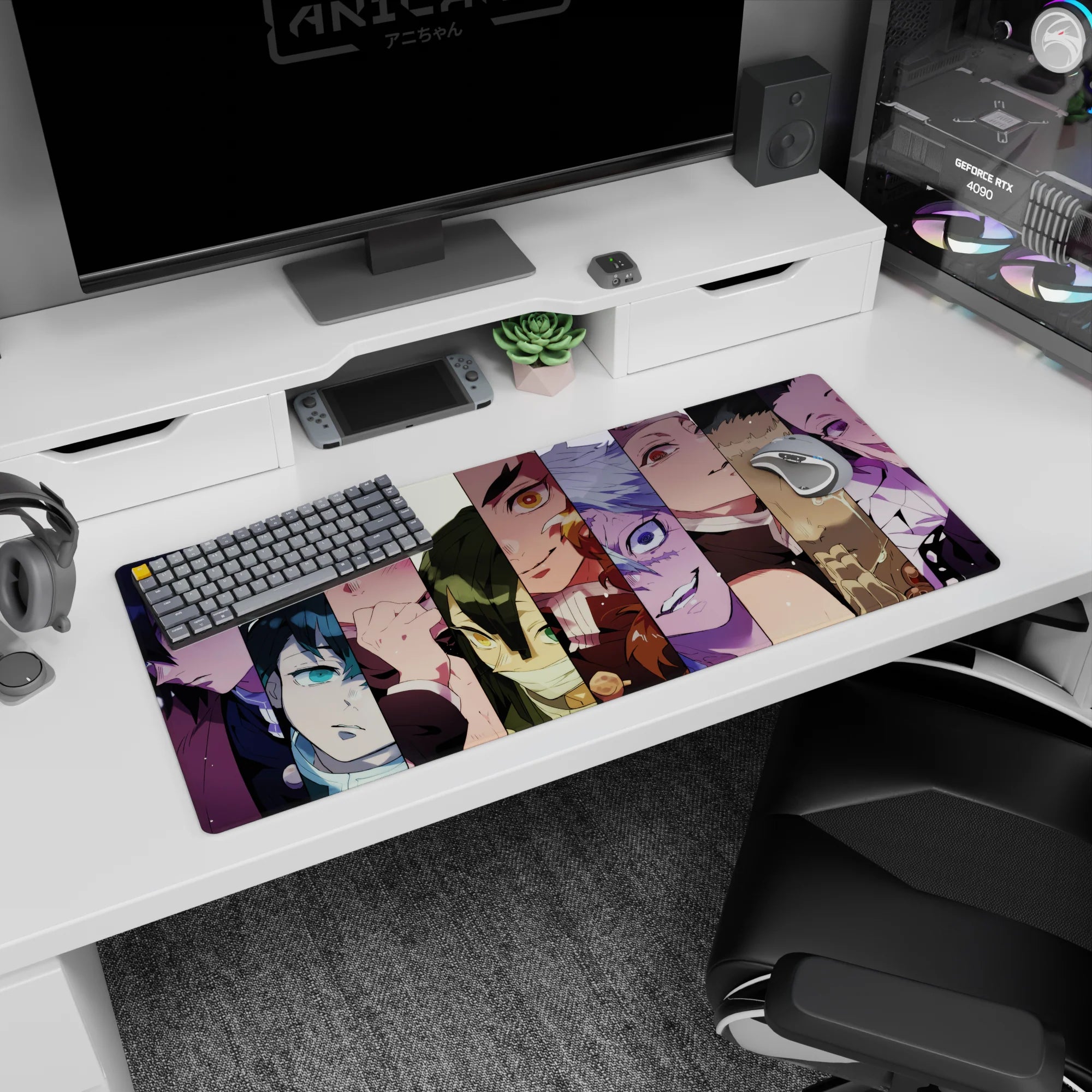 Anime desk pad 36x16 in, featuring Demon Slayer Hashira in a vibrant vertical collage, capturing intense expressions.