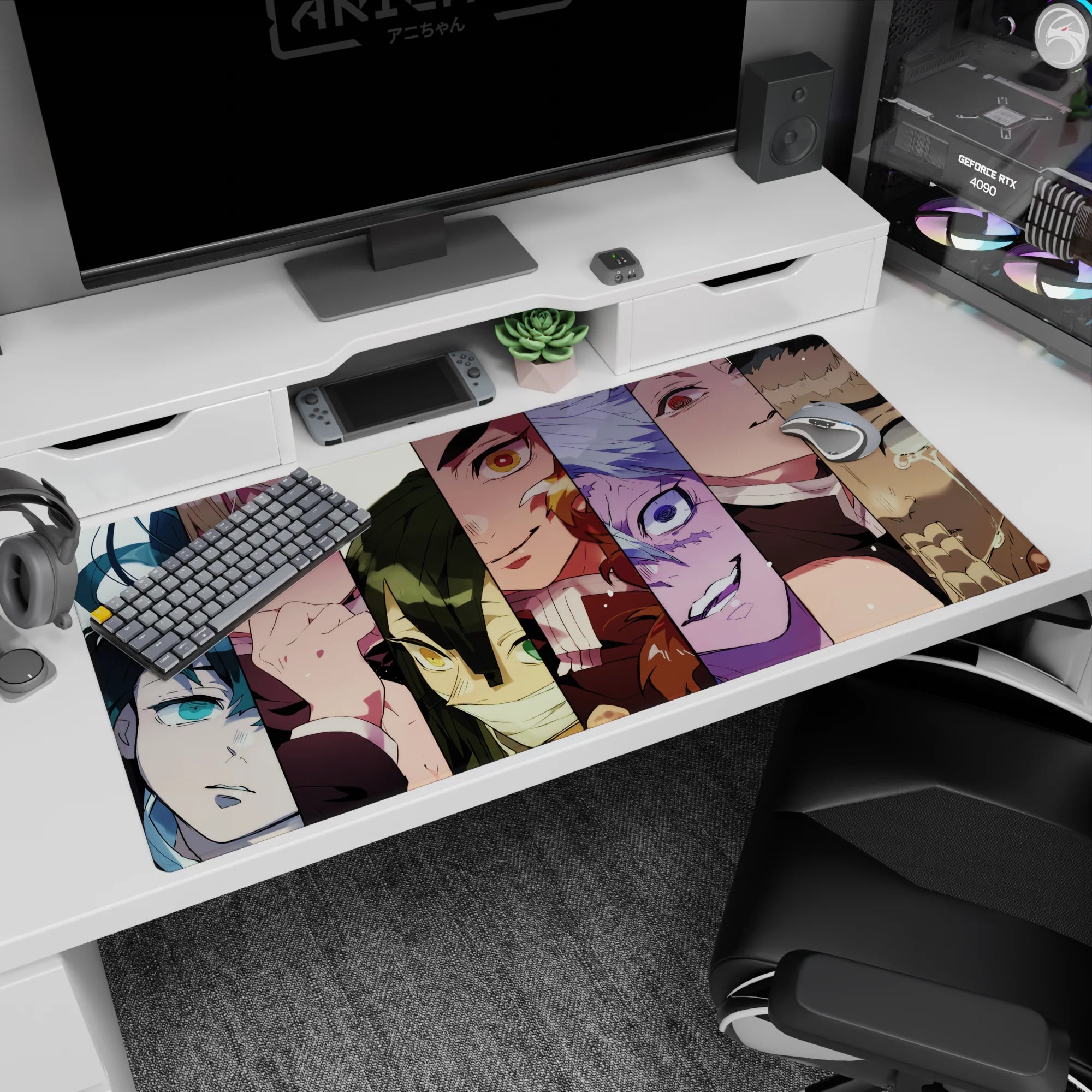 Anime desk pad 40x20 inches featuring Hashira from Demon Slayer in bold, colorful collage of intense character gazes.