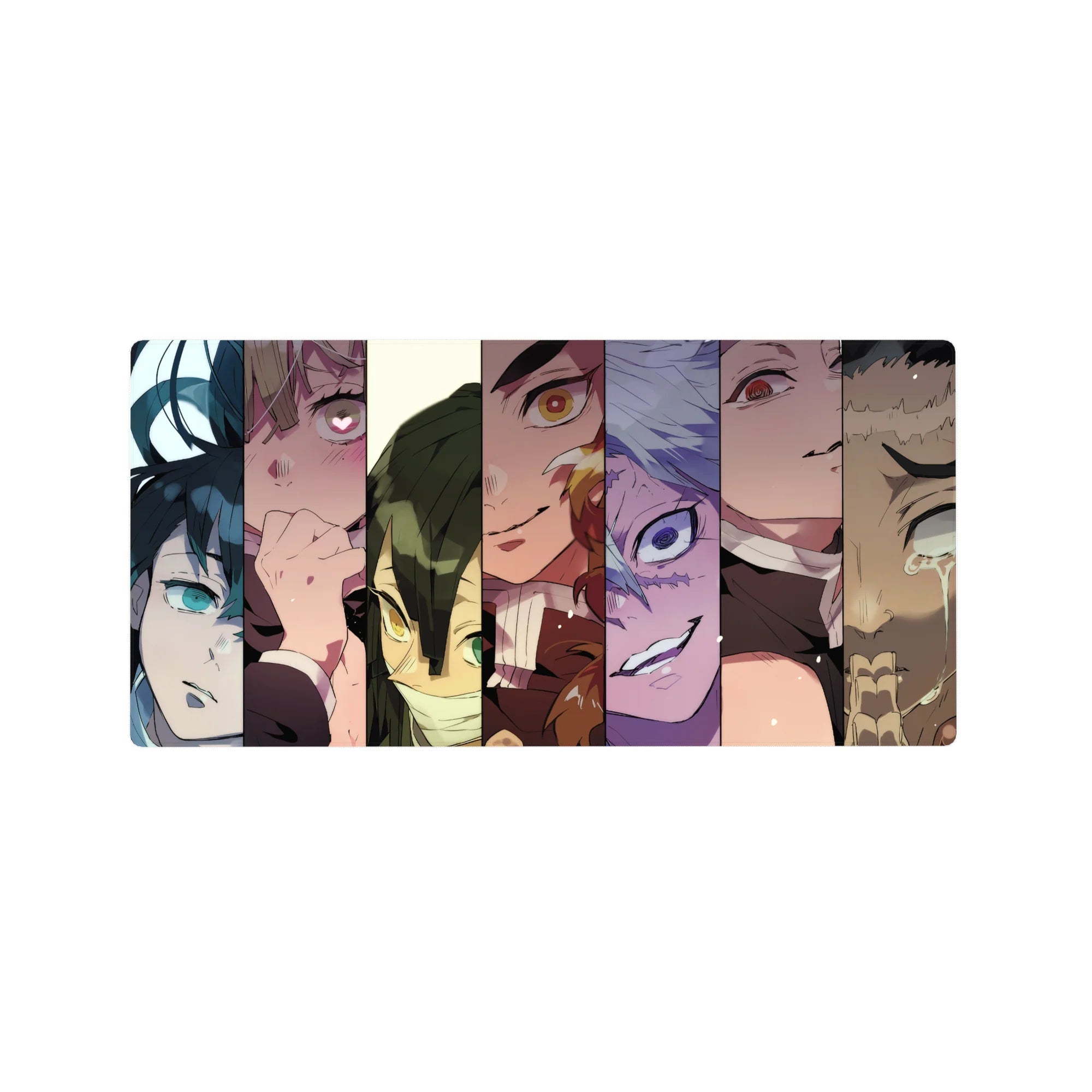 Anime mouse pad 32x16 inches featuring vibrant Hashira collage from Demon Slayer, showcasing intense character stares.