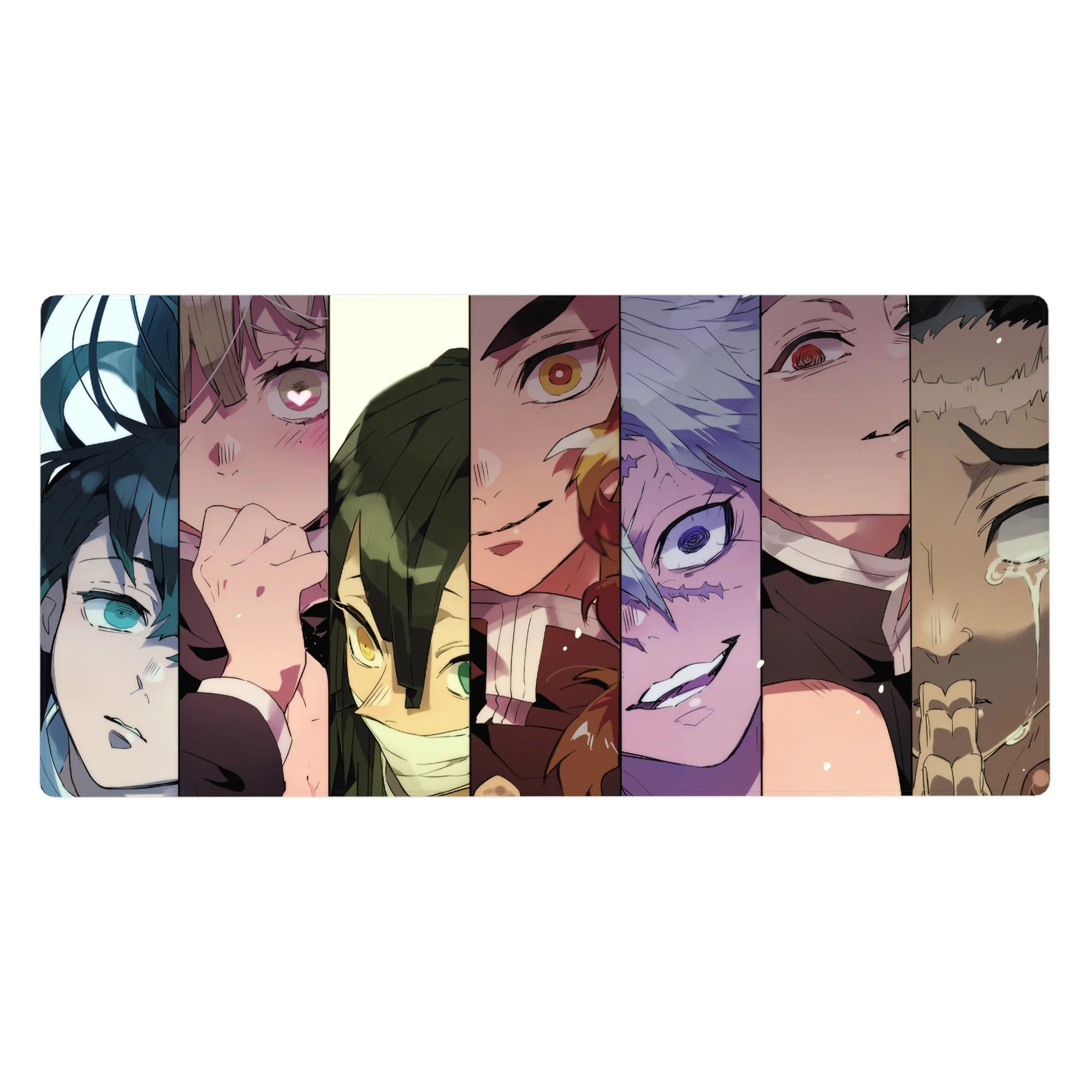 Desk pad 40x20 inches featuring Hashira from Demon Slayer, bold vertical collage with vibrant colors and intense glances.