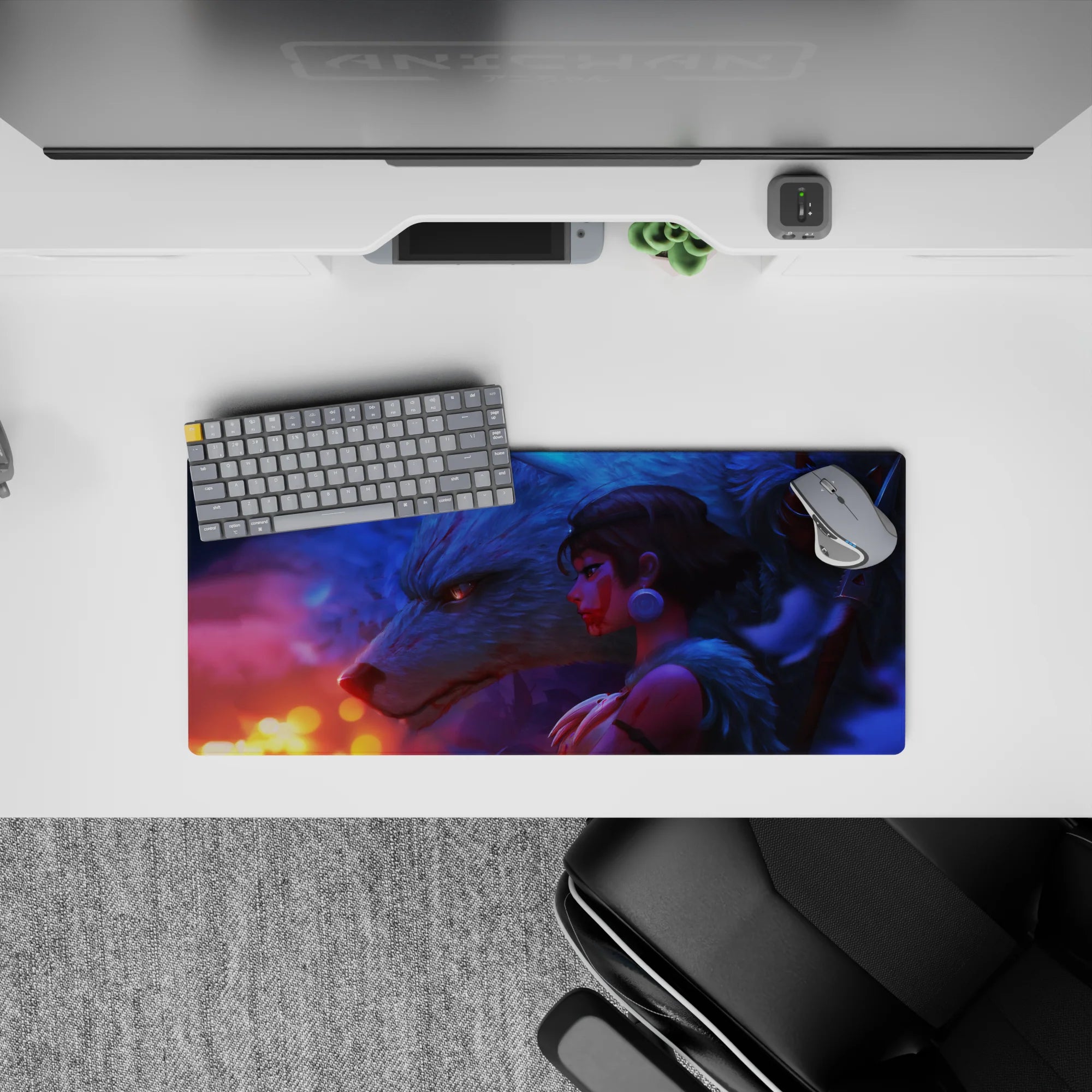 28x12 inches anime mouse pad in blue-violet mist with warm orange sparks, calm late-night fantasy vibe.