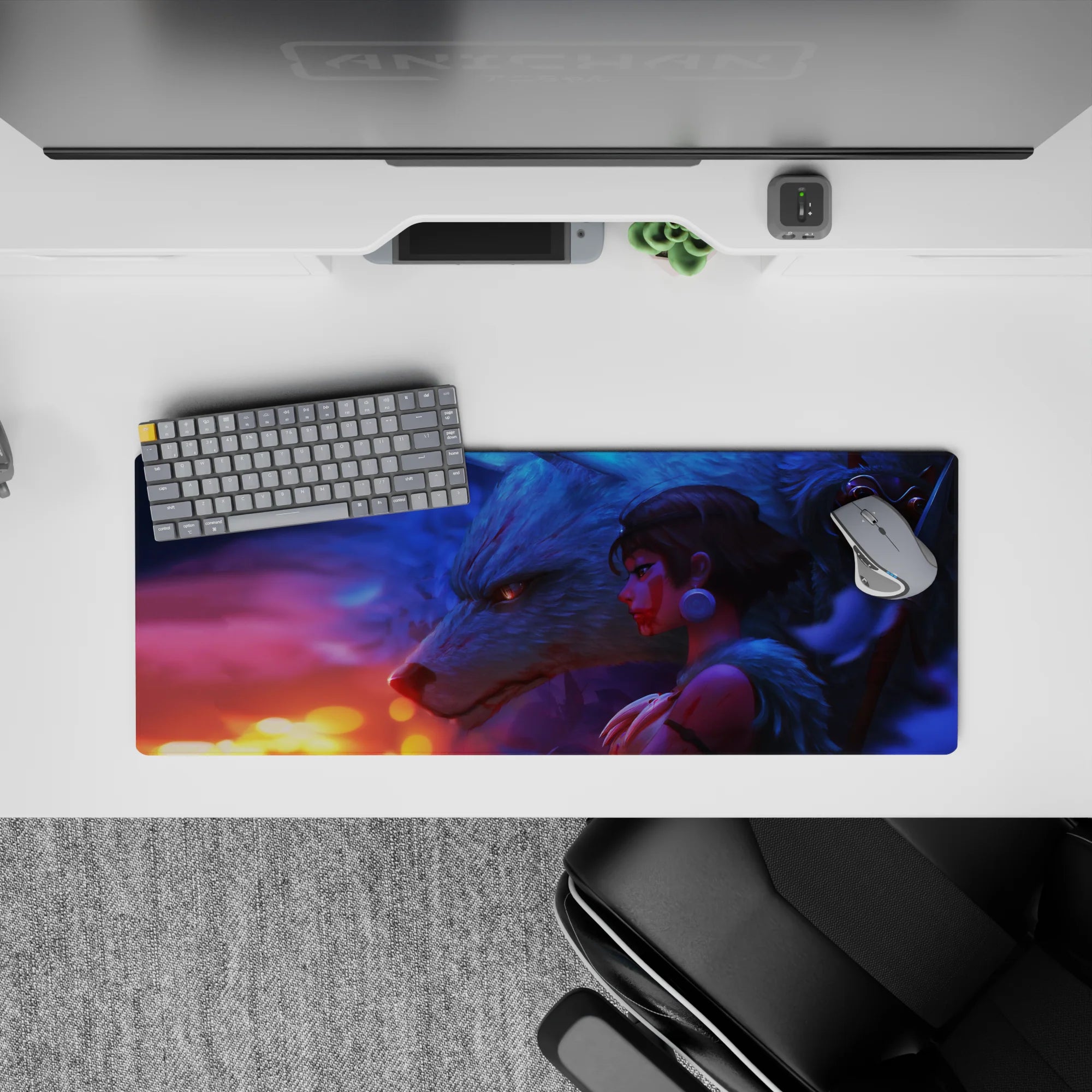 32x12 inches anime desk mouse pad in blue-violet fog with warm orange sparks, dreamy protective mood.