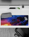 32x12 inches anime desk mouse pad in blue-violet fog with warm orange sparks, dreamy protective mood.