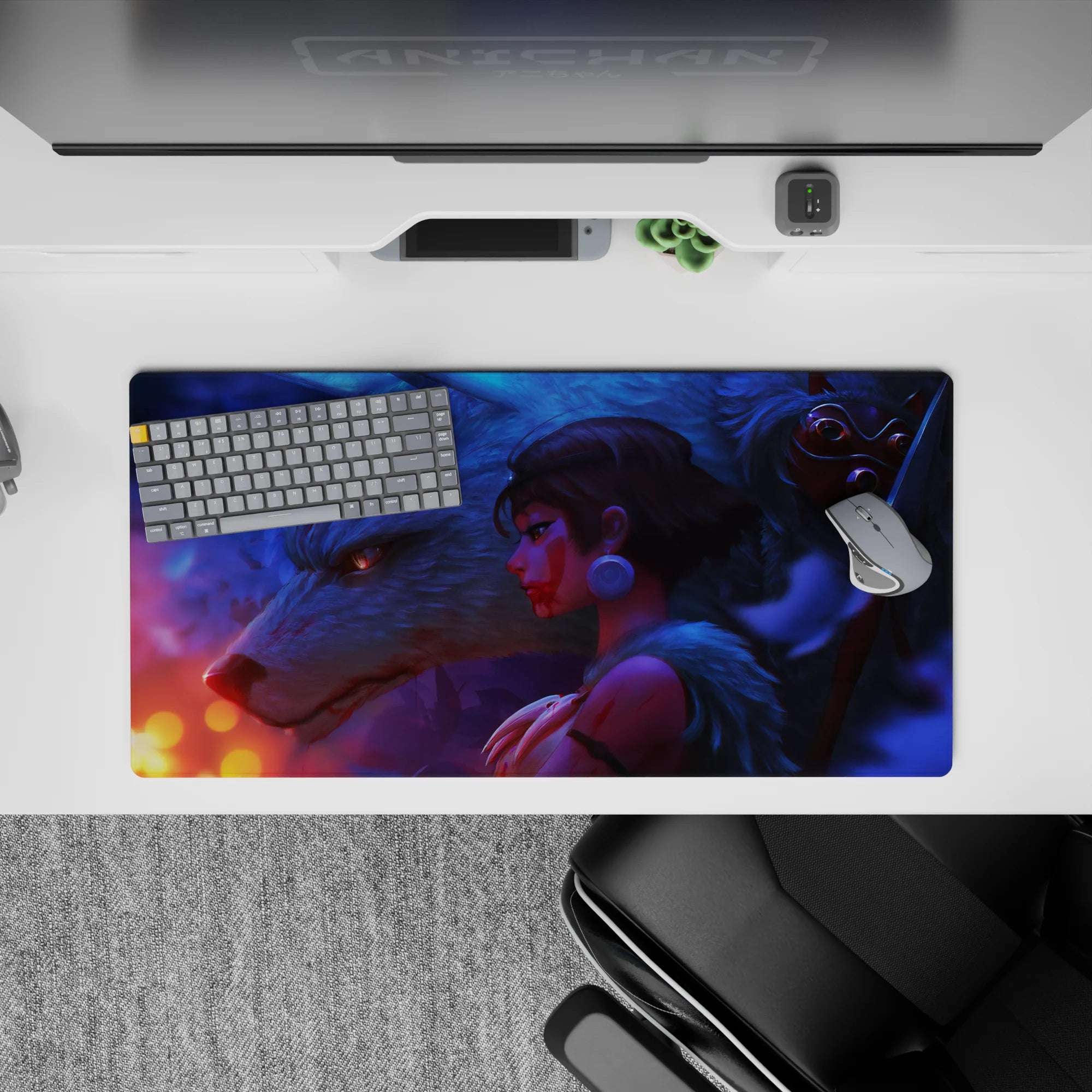 Anime girl mouse pad 32x16 inches in blue-violet mist with warm orange ember glow, dreamy night vibe.