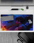 Anime girl mouse pad 32x16 inches in blue-violet mist with warm orange ember glow, dreamy night vibe.