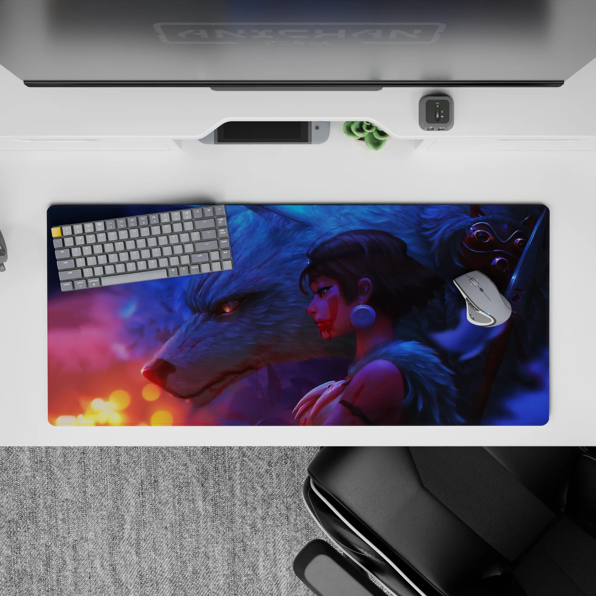 Dreamy blue-violet fog anime desk pad with warm orange sparks, late-night fantasy mood, 36x16 inches.