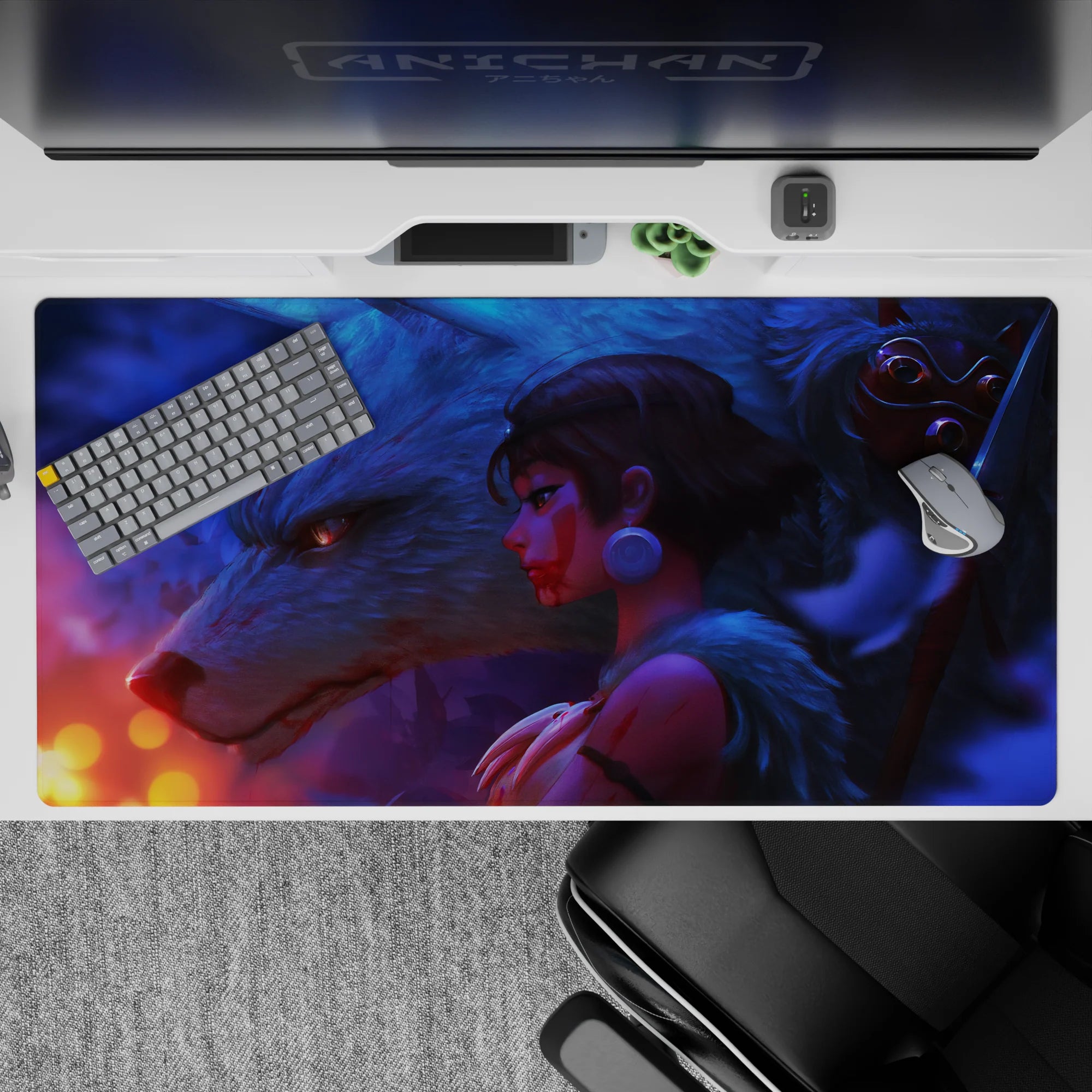 40x20 inches anime desk pad in blue-violet fog with warm orange sparks, dreamy protective fantasy mood.