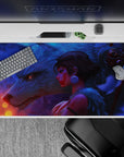 40x20 inches anime desk pad in blue-violet fog with warm orange sparks, dreamy protective fantasy mood.