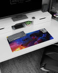 28x12 inches mouse pad showing short-haired warrior girl with silver earrings leaning on a giant white wolf.