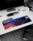 32x12 inches extended mouse pad showing short-haired warrior girl with silver earrings leaning on a white wolf.