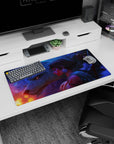 Anime girl mouse pad 32x16 inches showing short-haired warrior leaning on a massive white wolf in fog.