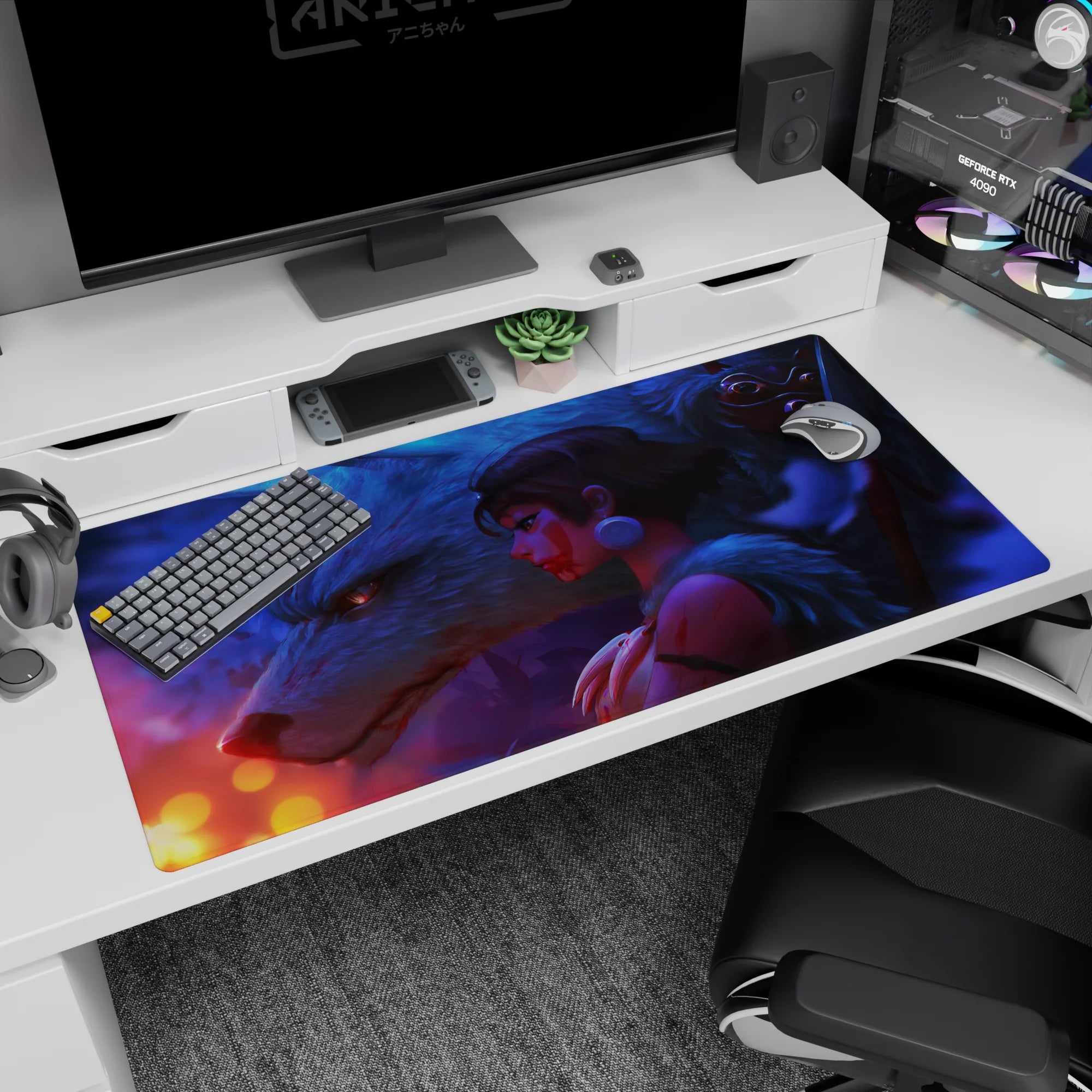 Anime girl leaning on a giant white wolf desk pad 40x20 inches, short dark hair, campfire glow.