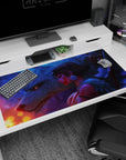 Anime girl leaning on a giant white wolf desk pad 40x20 inches, short dark hair, campfire glow.