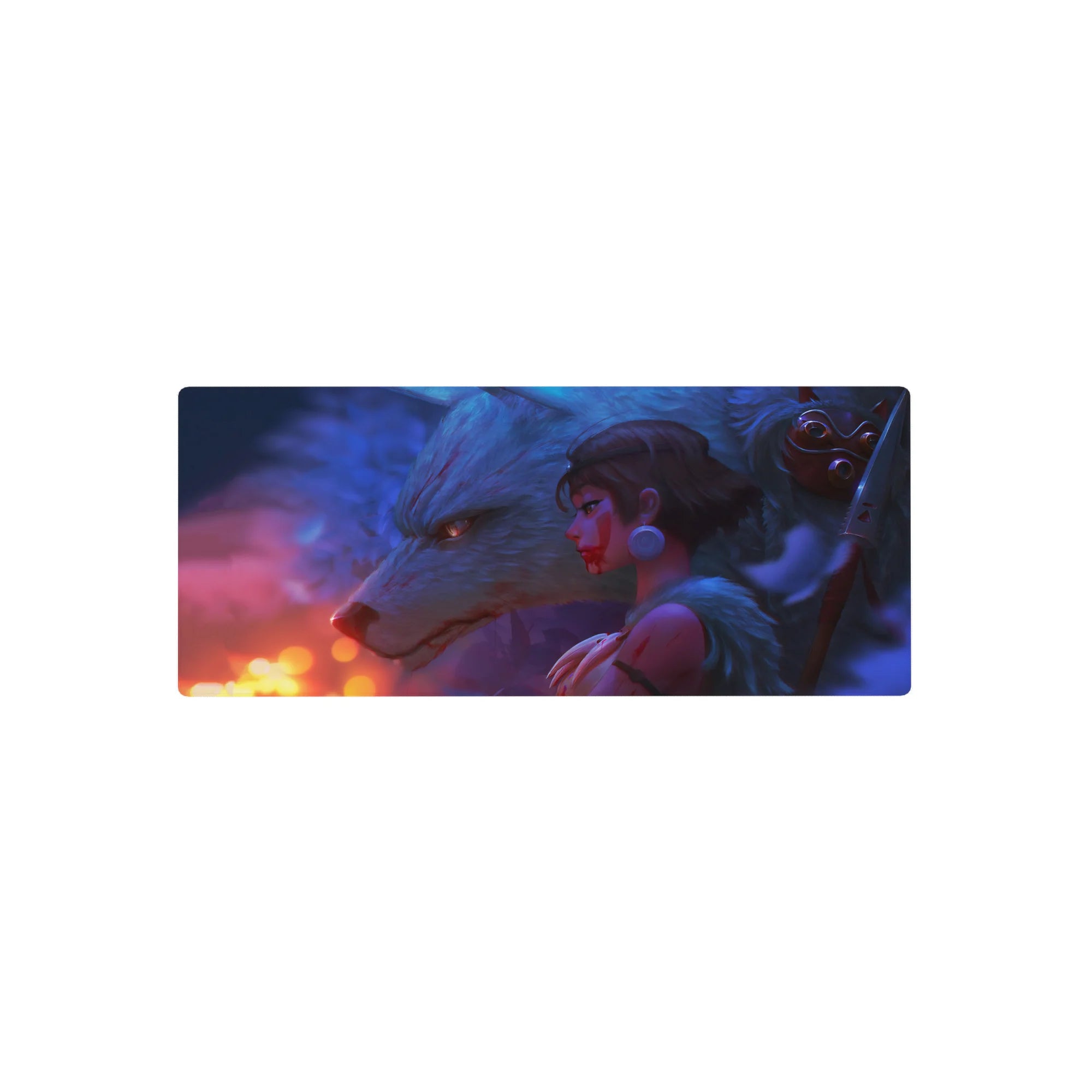 28x12 inches anime girl mouse pad with warrior girl and white wolf in dreamy fog, fantasy desk mat.