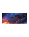 28x12 inches anime girl mouse pad with warrior girl and white wolf in dreamy fog, fantasy desk mat.