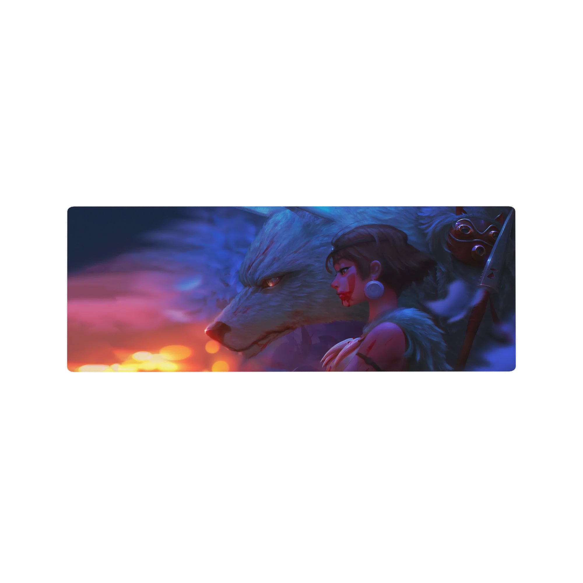 32x12 inches anime girl mouse pad with warrior girl and white wolf in misty fantasy night scene.