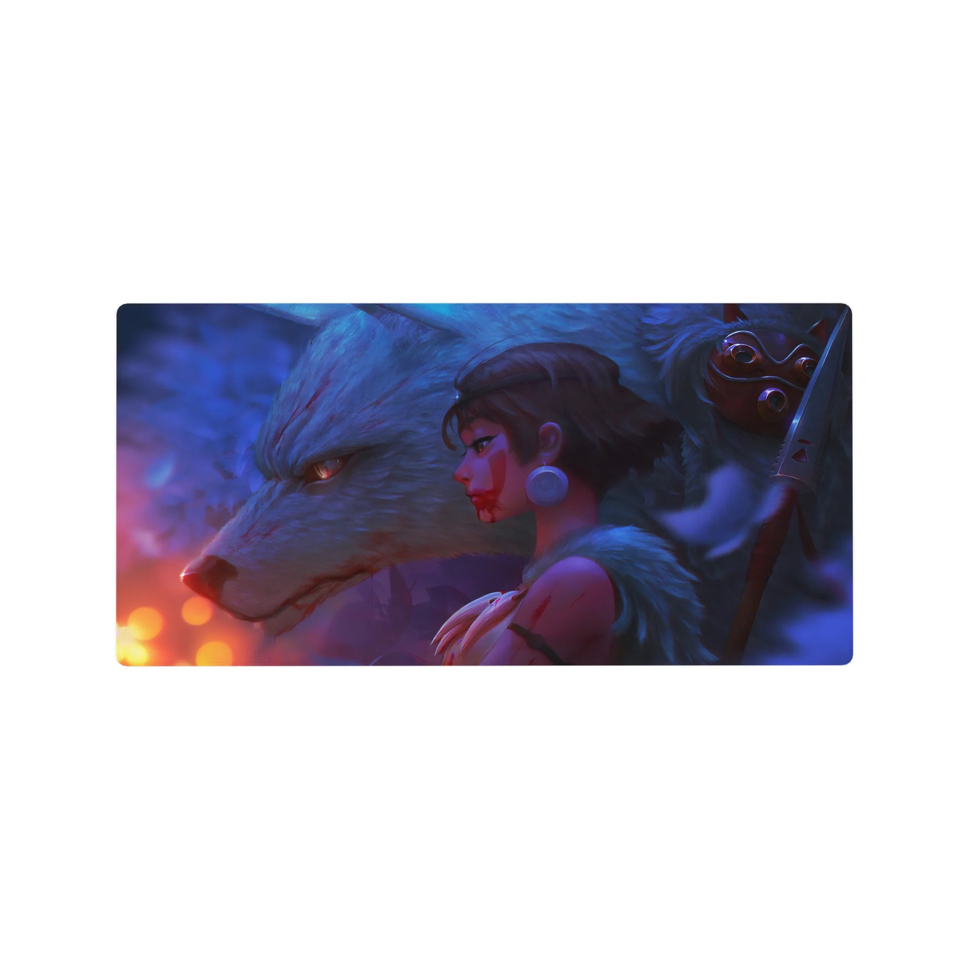 Anime girl mouse pad 32x16 inches featuring warrior girl with white wolf, fantasy fog and sparks.