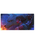 Anime girl mouse pad 32x16 inches featuring warrior girl with white wolf, fantasy fog and sparks.