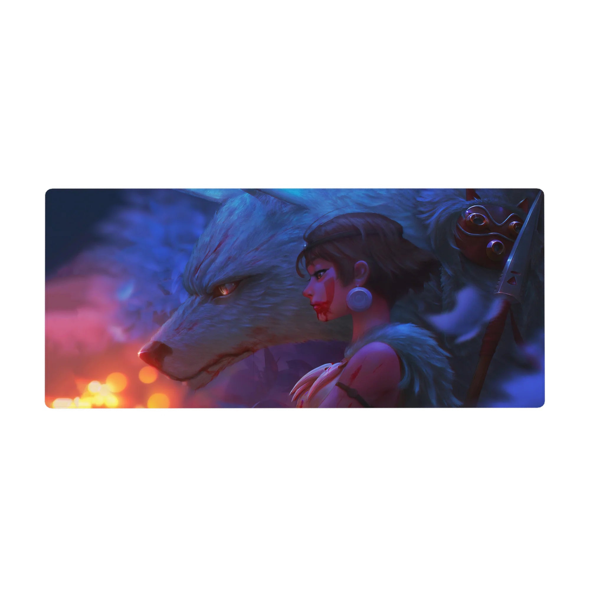 Anime girl and white wolf fantasy desk pad mouse mat, protective warrior art, 36x16 inches.