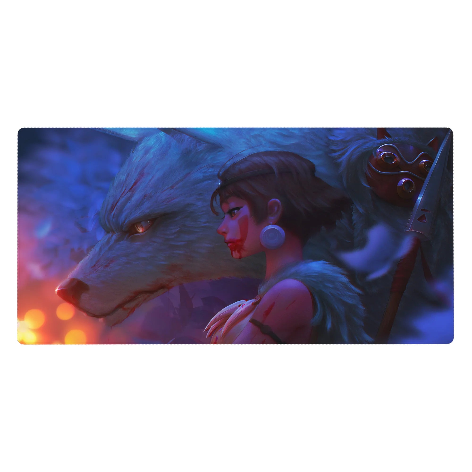 Anime girl desk pad 40x20 inches with warrior and white wolf, silver earrings, blade and fur detail.