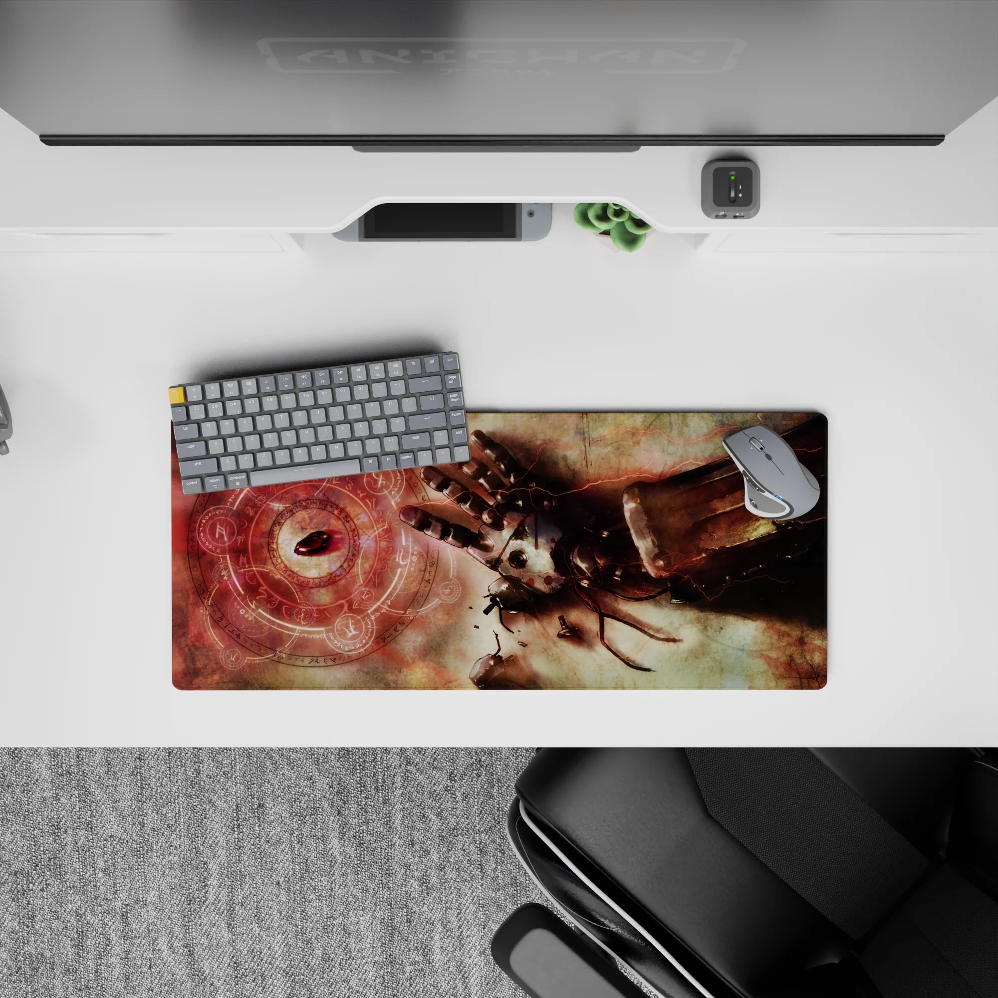 28x12 inches anime mouse pad in sepia smoke and rust tones with bright scarlet alchemy glow.