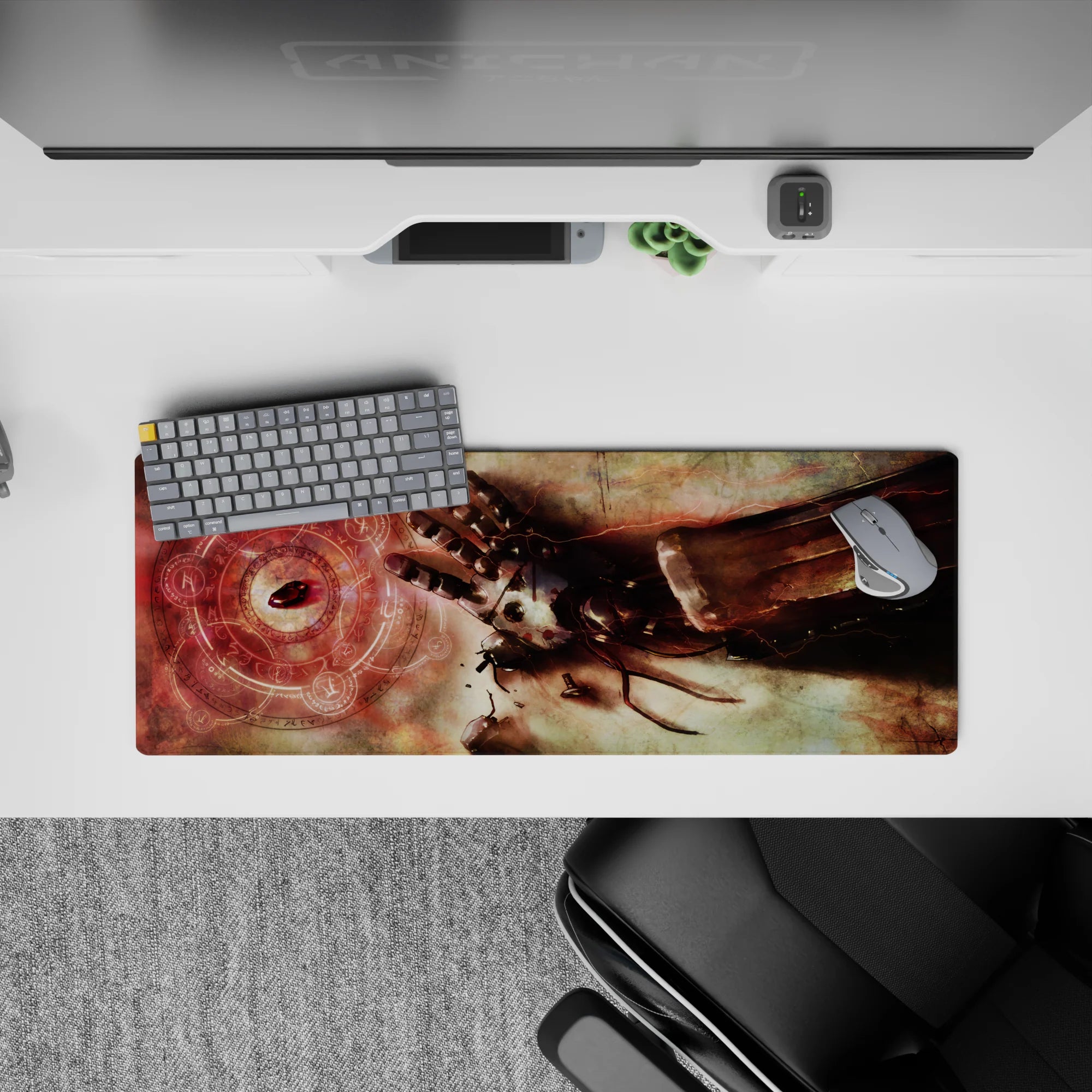 32x12 inches anime desk mat in sepia smoke with rust steel tones and a bright scarlet alchemy glow.