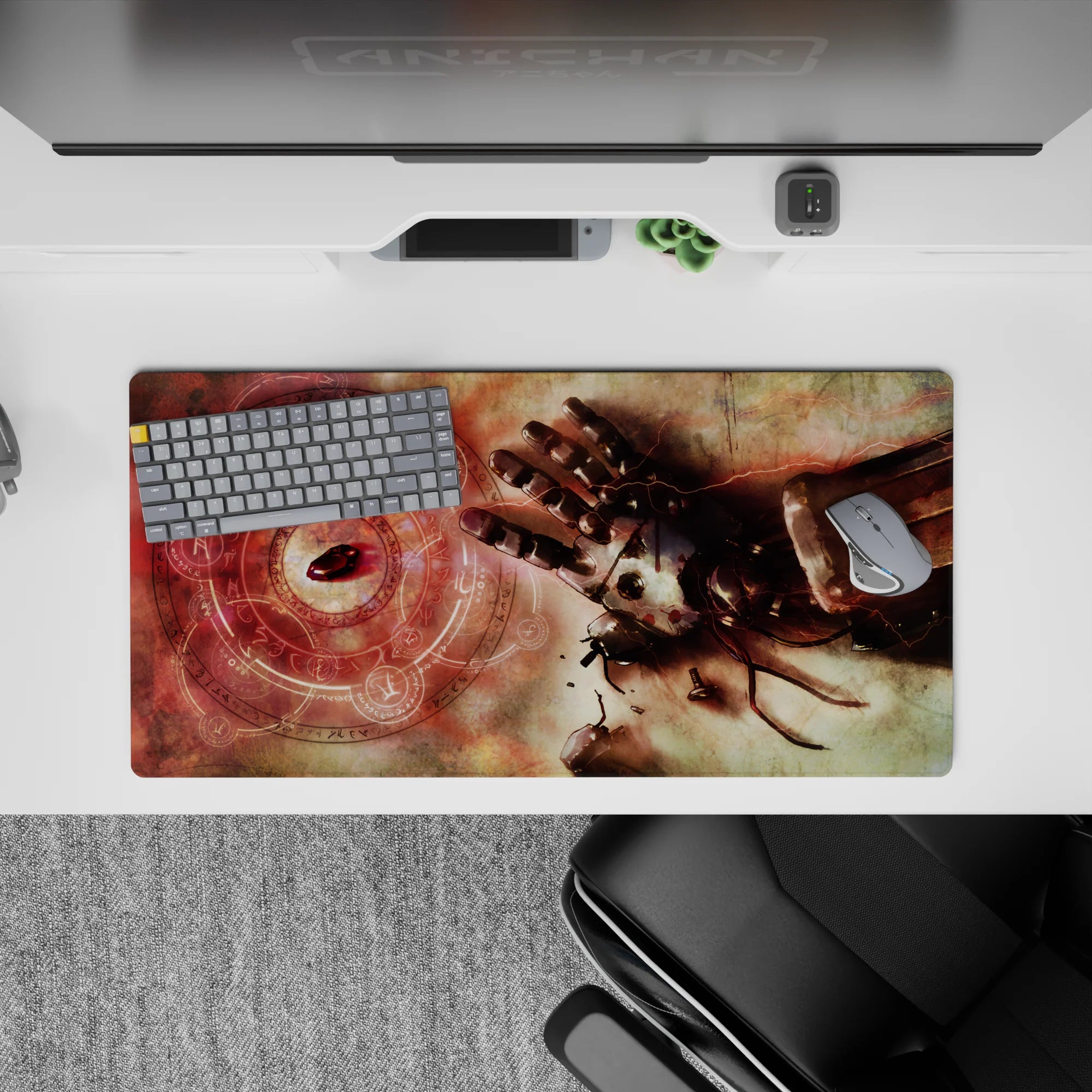32x16 inches anime mouse pad in sepia rust tones with bright scarlet glow, smoky sky, and steel highlights.