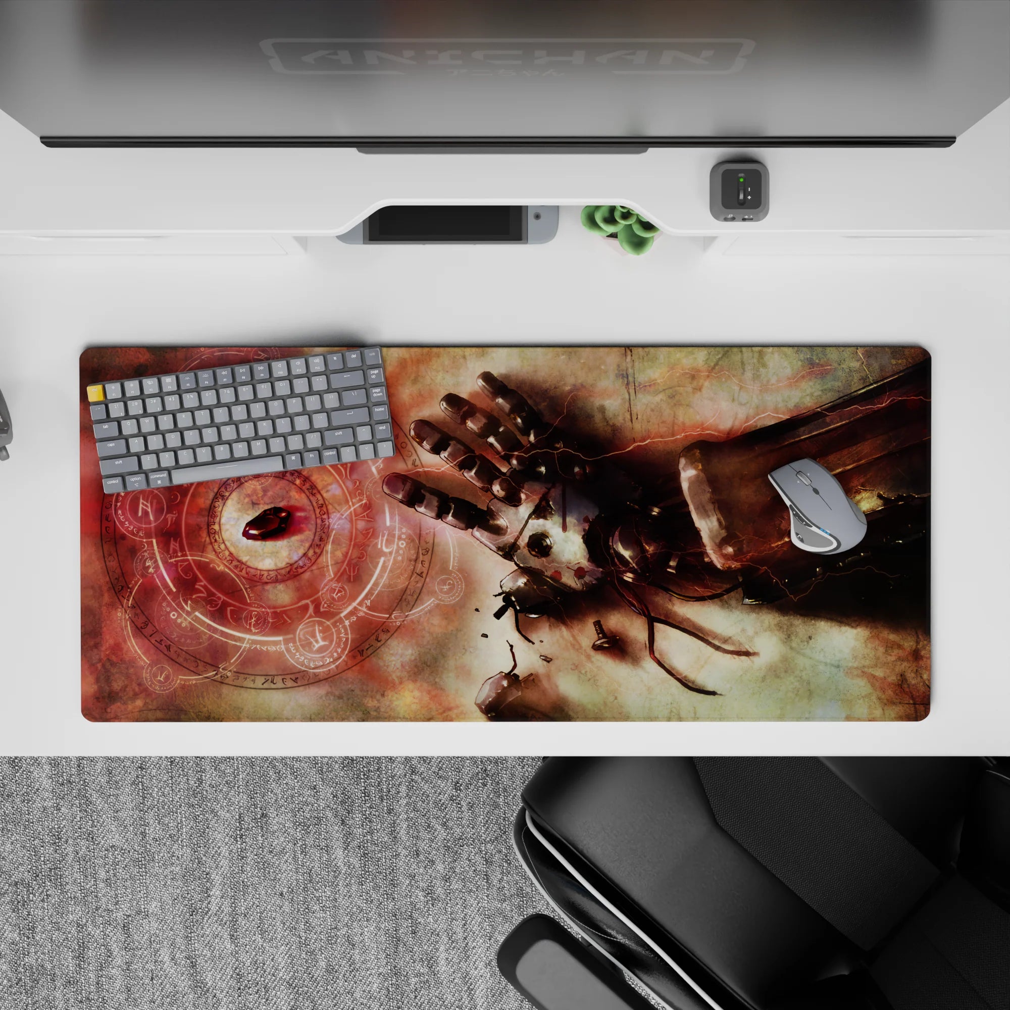 36x16 inches anime mouse pad in sepia smoke with rust steel highlights and vivid scarlet alchemy glow.